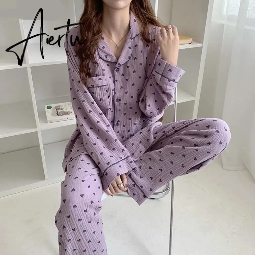 Aiertu New Autumn Winter Sleepwear 2 Pieces Sets For Women's Cotton Pajamas Turn-down Collar Homewear Large Size Pijama Pyjama Female
