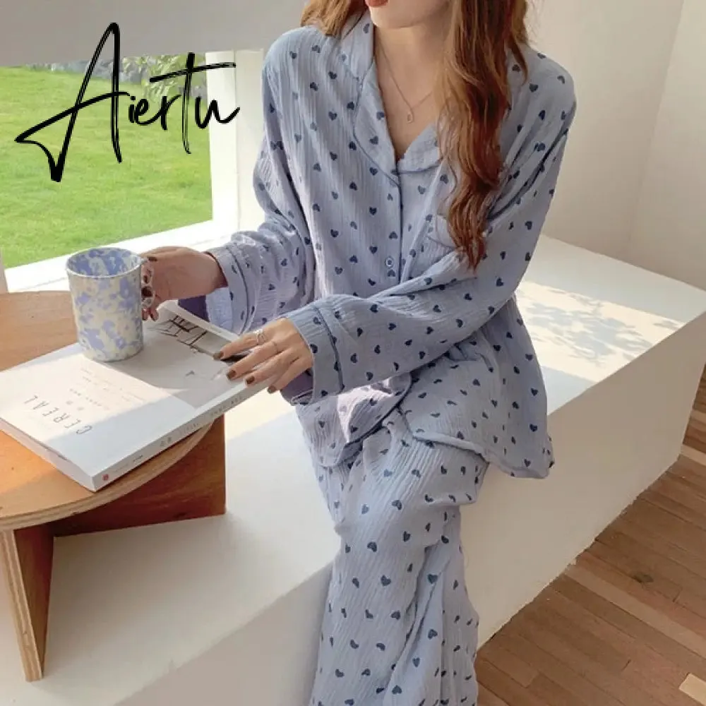 Aiertu New Autumn Winter Sleepwear 2 Pieces Sets For Women's Cotton Pajamas Turn-down Collar Homewear Large Size Pijama Pyjama Female