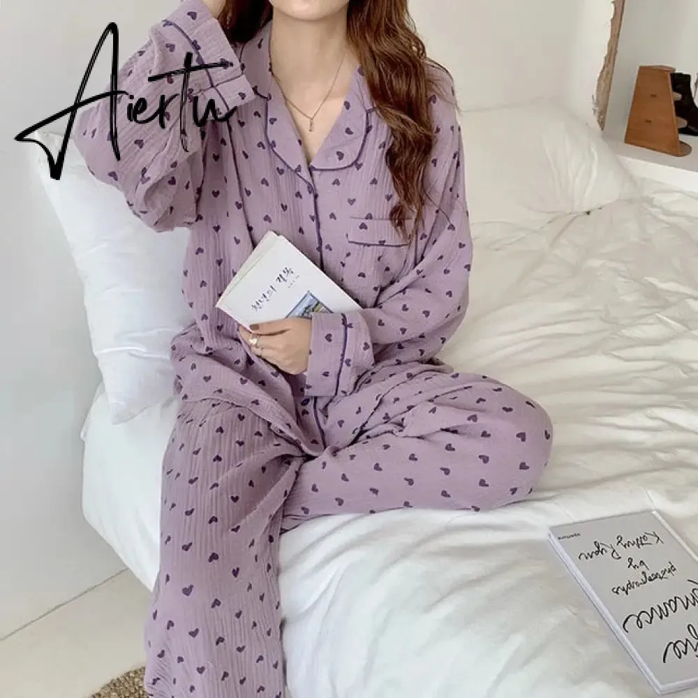 Aiertu New Autumn Winter Sleepwear 2 Pieces Sets For Women's Cotton Pajamas Turn-down Collar Homewear Large Size Pijama Pyjama Female