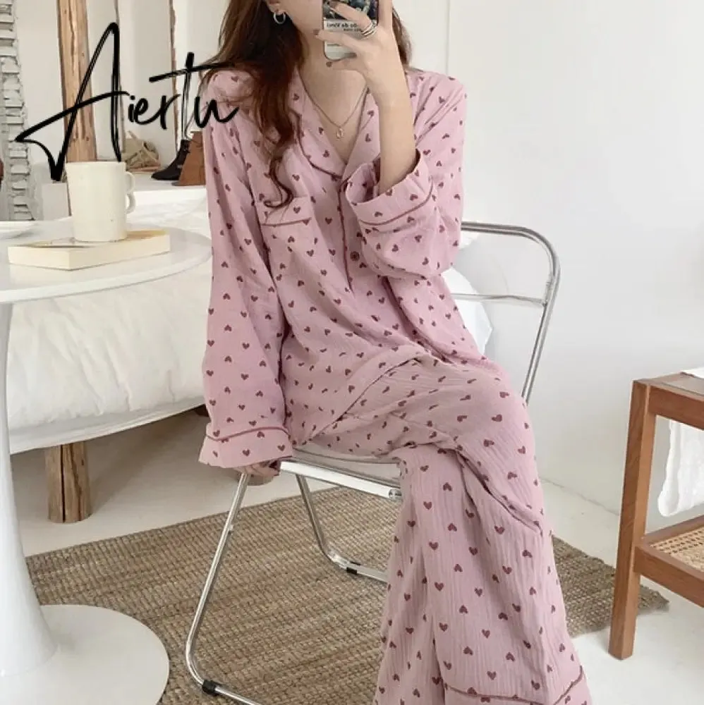 Aiertu New Autumn Winter Sleepwear 2 Pieces Sets For Women's Cotton Pajamas Turn-down Collar Homewear Large Size Pijama Pyjama Female