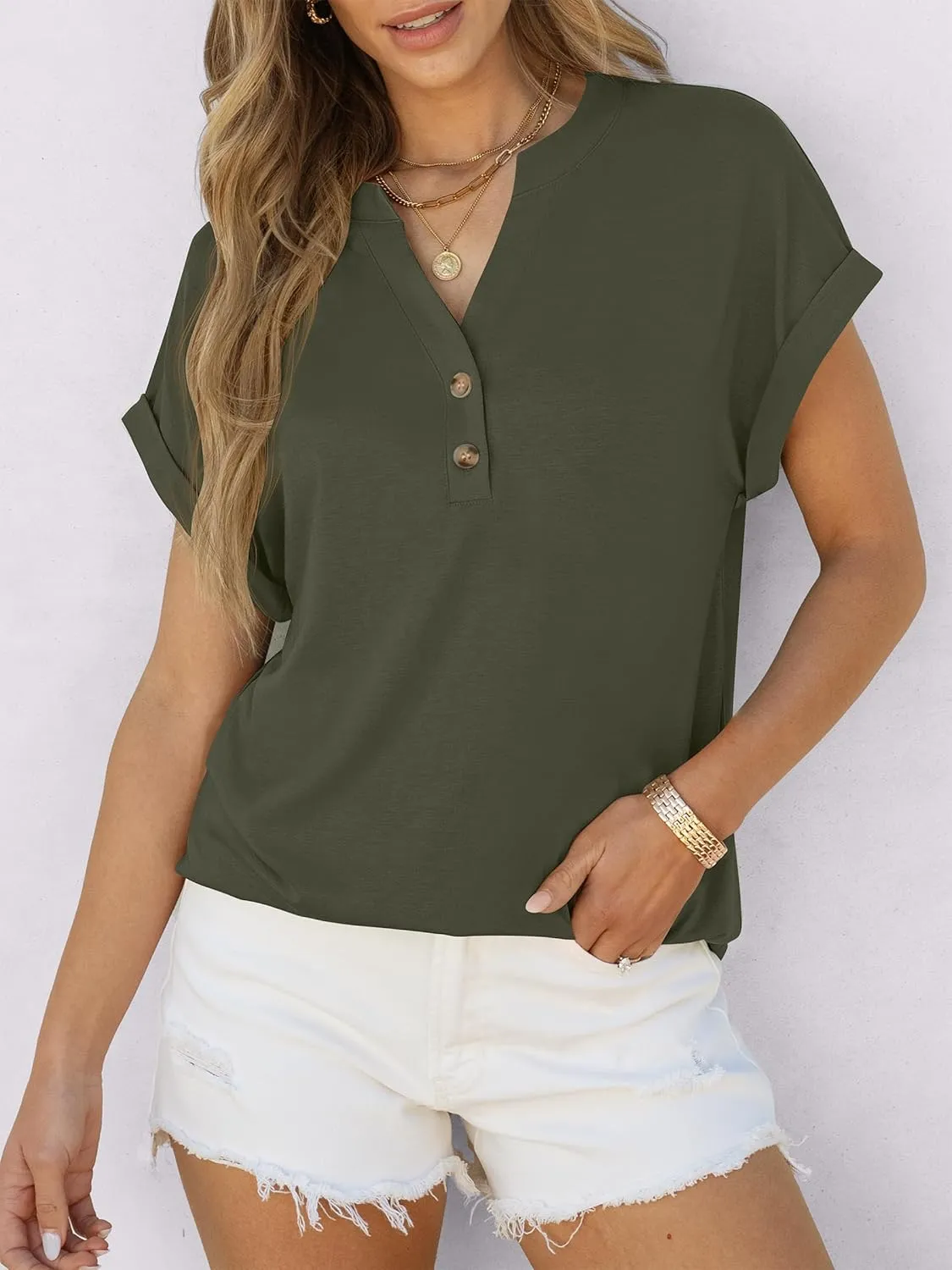 ANRABESS Womens Short Sleeve Henley Tops V Neck Dressy Casual Loose Fit Shirts Summer Flowy Blouses 2025 Trendy Clothes