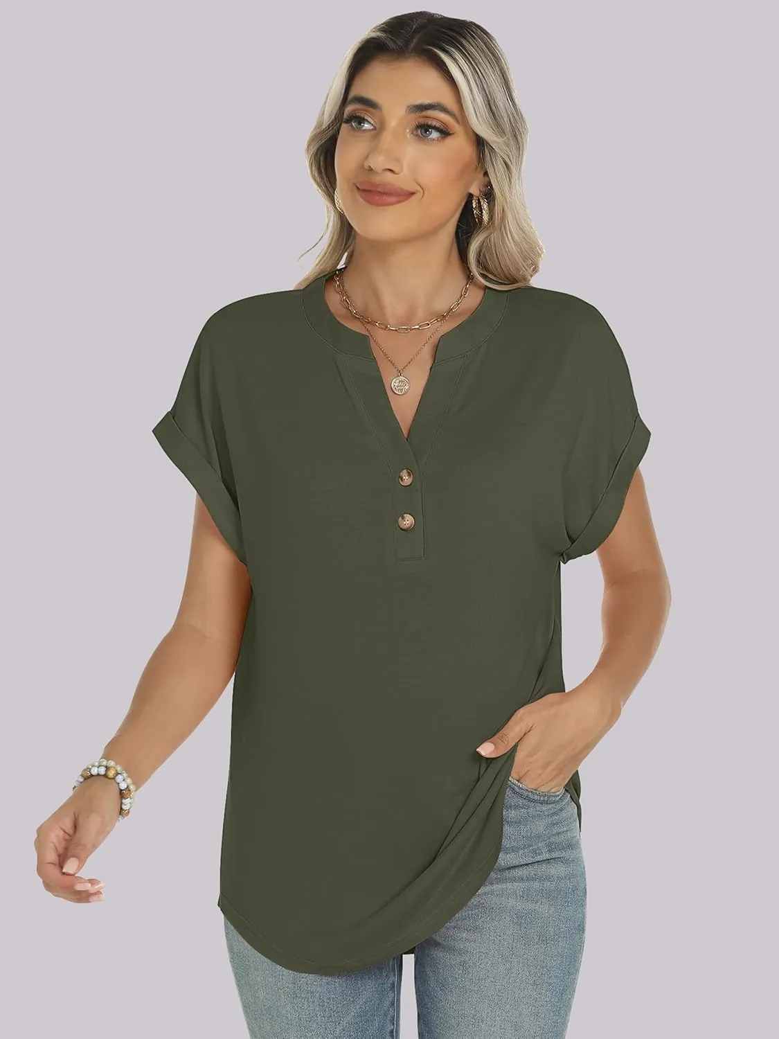 ANRABESS Womens Short Sleeve Henley Tops V Neck Dressy Casual Loose Fit Shirts Summer Flowy Blouses 2025 Trendy Clothes