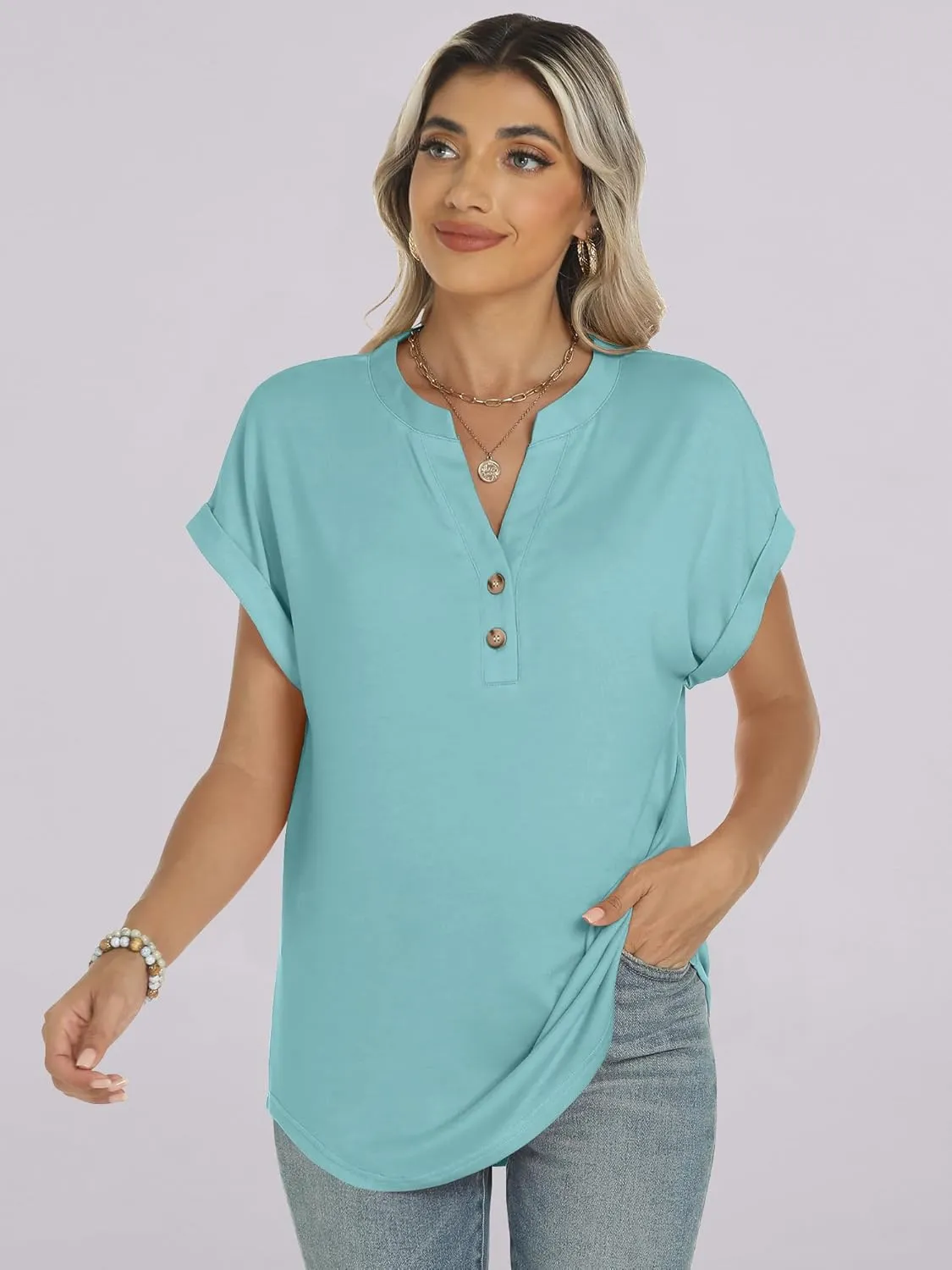 ANRABESS Womens Short Sleeve Henley Tops V Neck Dressy Casual Loose Fit Shirts Summer Flowy Blouses 2025 Trendy Clothes
