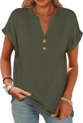 ANRABESS Womens Short Sleeve Henley Tops V Neck Dressy Casual Loose Fit Shirts Summer Flowy Blouses 2025 Trendy Clothes
