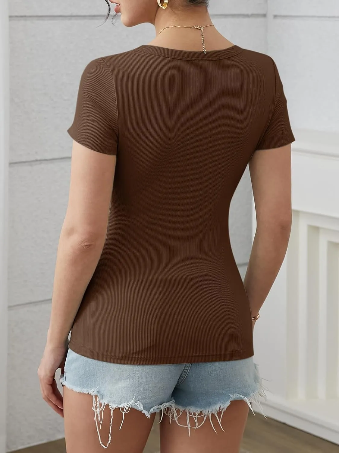 ATHMILE Womens Tops Ribbed Scoop Neck Knit Slim Fitted Casual Basic Tee Shirts for Women Fashion Trendy 2025