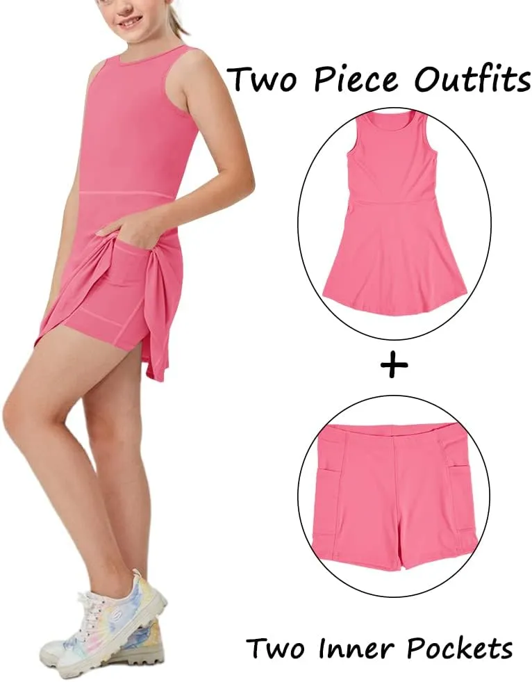 Aurgelmir Girls Crewneck Sleeveless Tennis Dresses Kids Workout Cute Outfits Tank Golf Dresses with Shorts Pocket