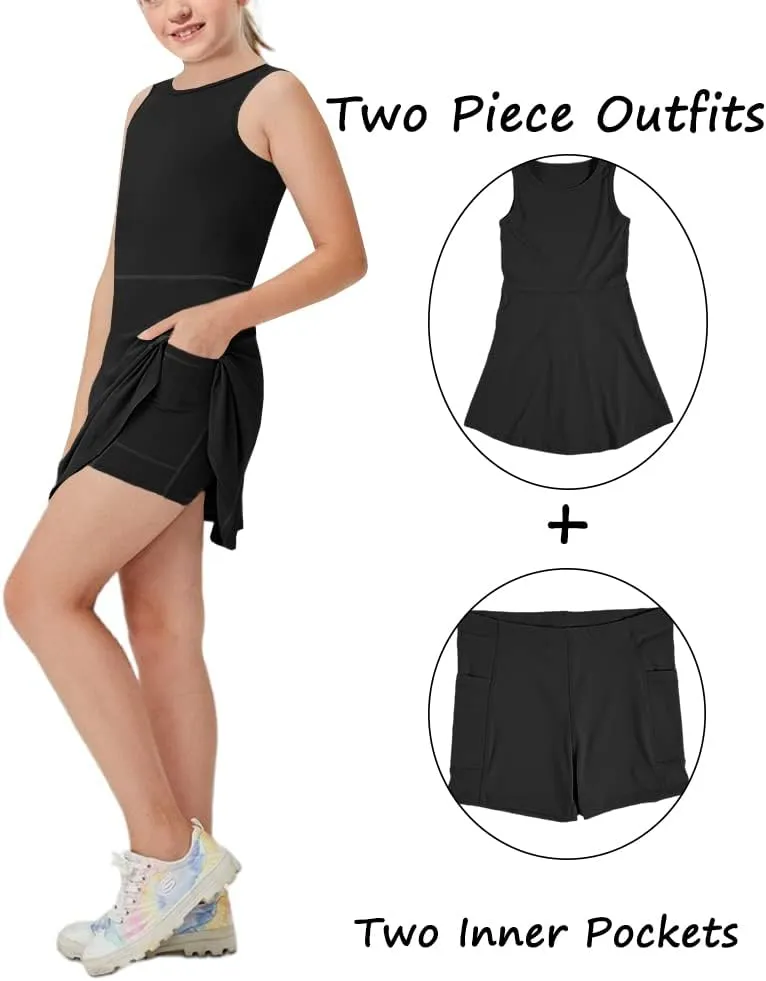 Aurgelmir Girls Crewneck Sleeveless Tennis Dresses Kids Workout Cute Outfits Tank Golf Dresses with Shorts Pocket