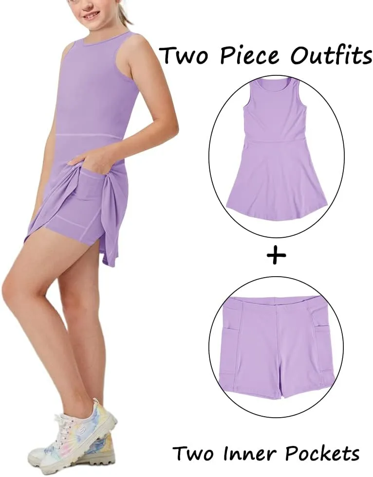 Aurgelmir Girls Crewneck Sleeveless Tennis Dresses Kids Workout Cute Outfits Tank Golf Dresses with Shorts Pocket