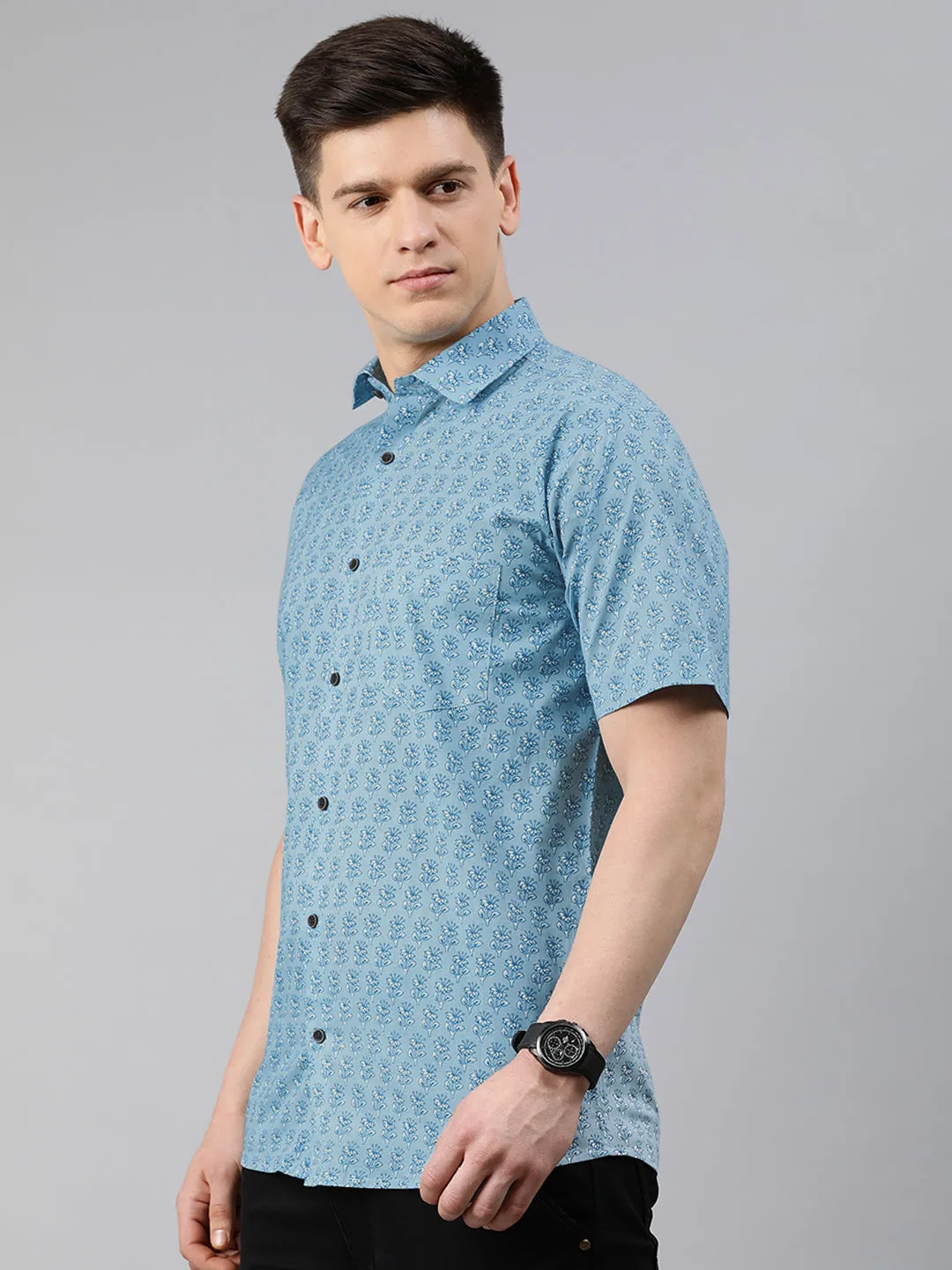 Blue Cotton Short Sleeves Shirts For Men-Mmh02
