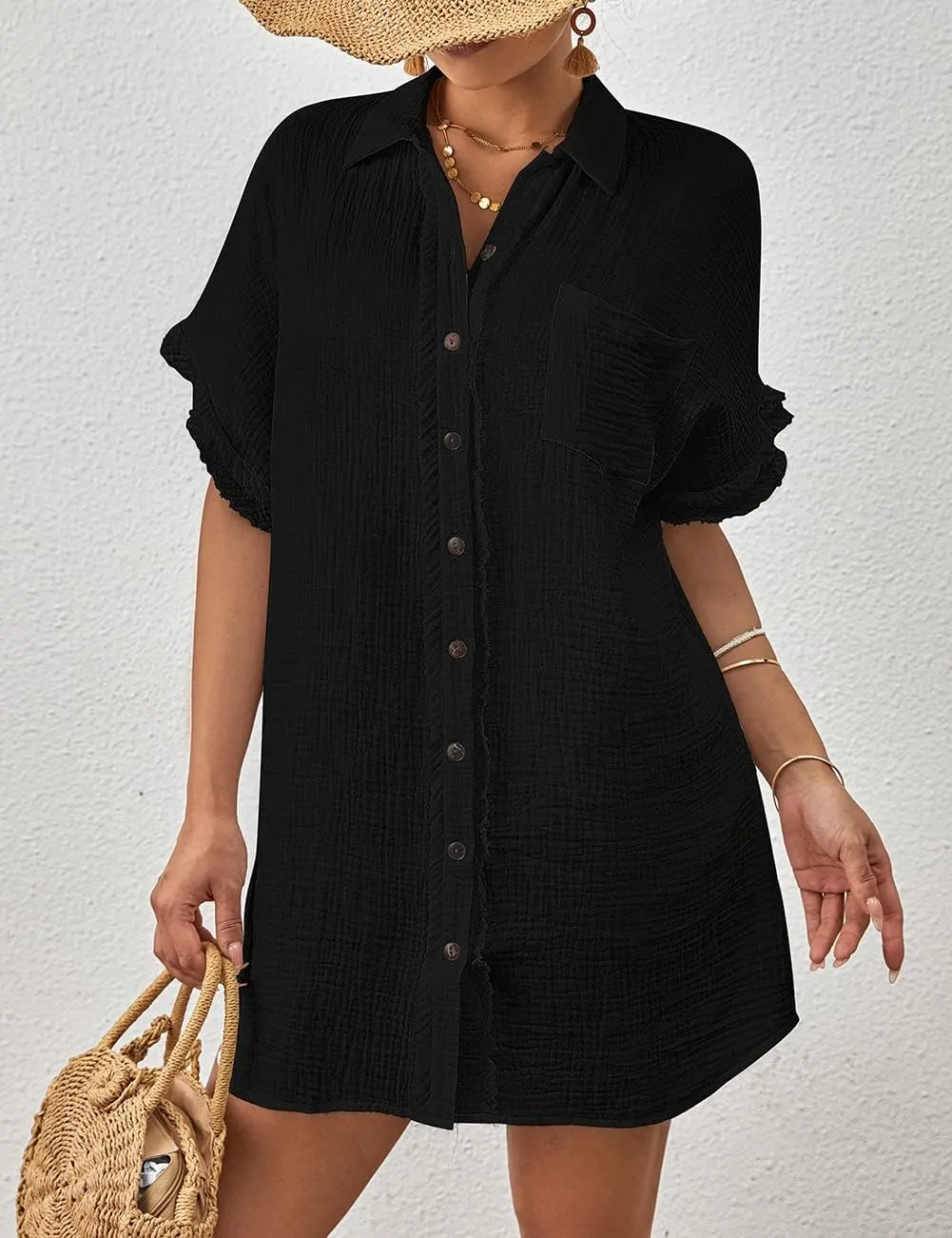 Bsubseach Women Swimsuit Coverup Button Down Bathing Suit Cover Ups for Swimwear Short Sleeve Bikini Beach Shirt