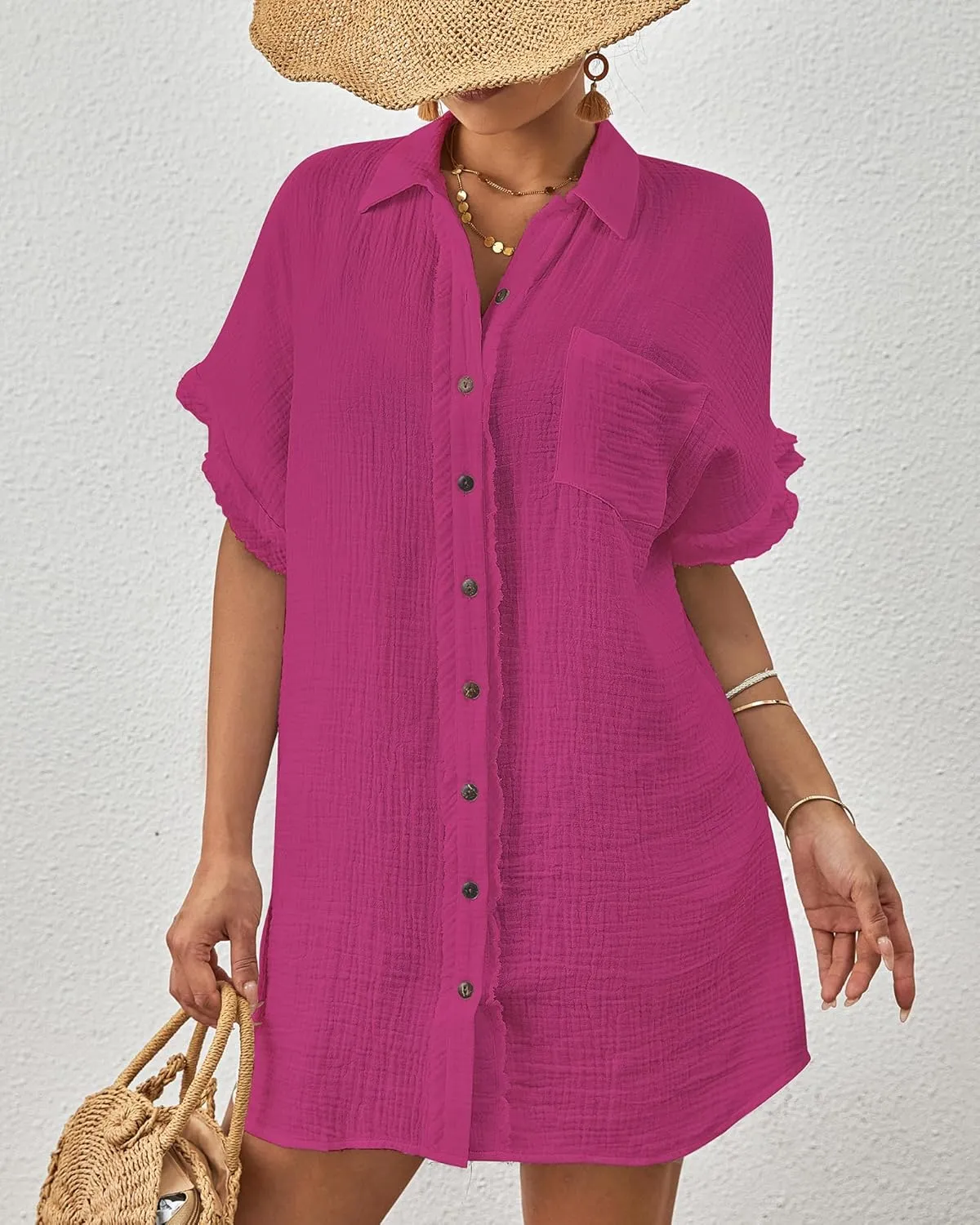 Bsubseach Women Swimsuit Coverup Button Down Bathing Suit Cover Ups for Swimwear Short Sleeve Bikini Beach Shirt