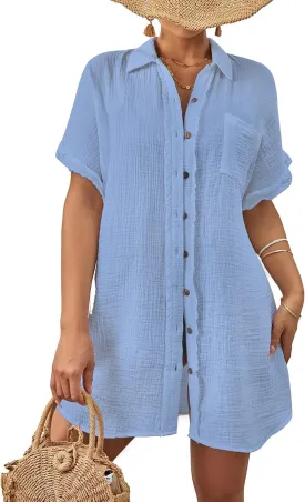 Bsubseach Women Swimsuit Coverup Button Down Bathing Suit Cover Ups for Swimwear Short Sleeve Bikini Beach Shirt