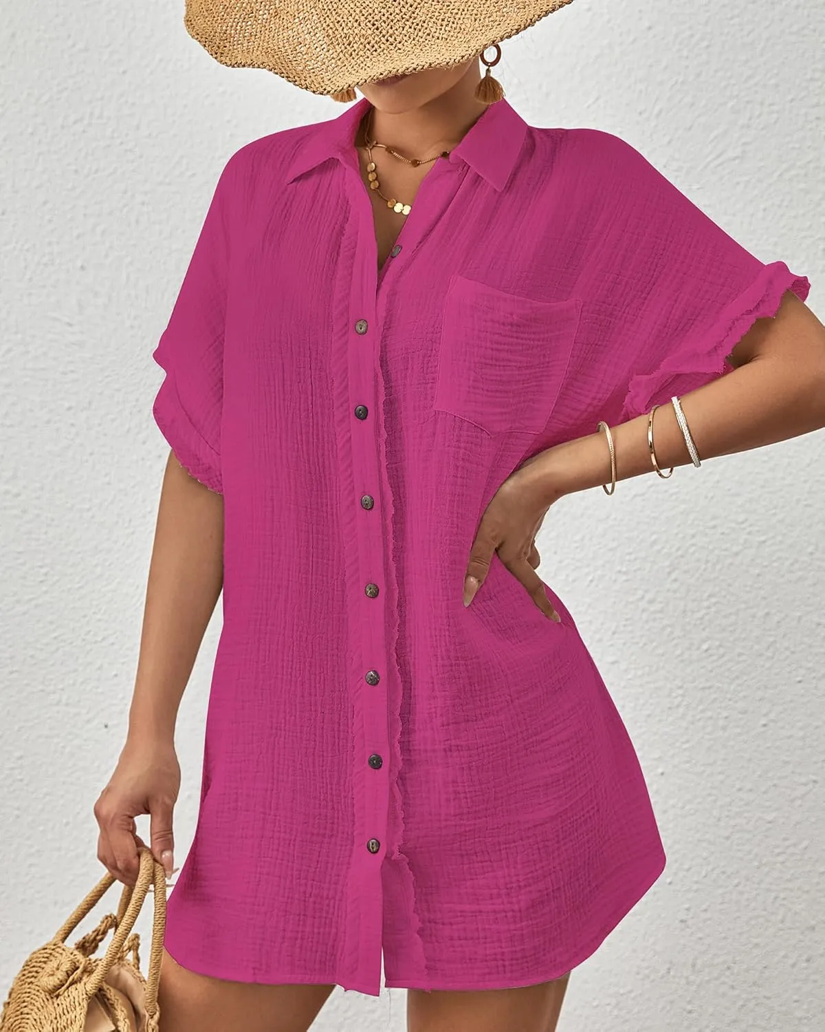 Bsubseach Women Swimsuit Coverup Button Down Bathing Suit Cover Ups for Swimwear Short Sleeve Bikini Beach Shirt