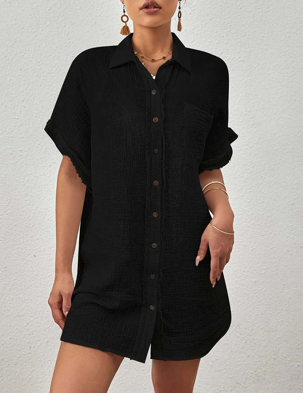 Bsubseach Women Swimsuit Coverup Button Down Bathing Suit Cover Ups for Swimwear Short Sleeve Bikini Beach Shirt