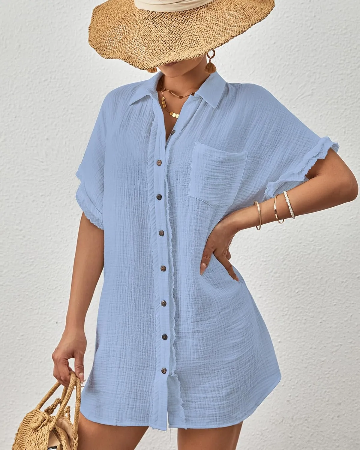 Bsubseach Women Swimsuit Coverup Button Down Bathing Suit Cover Ups for Swimwear Short Sleeve Bikini Beach Shirt