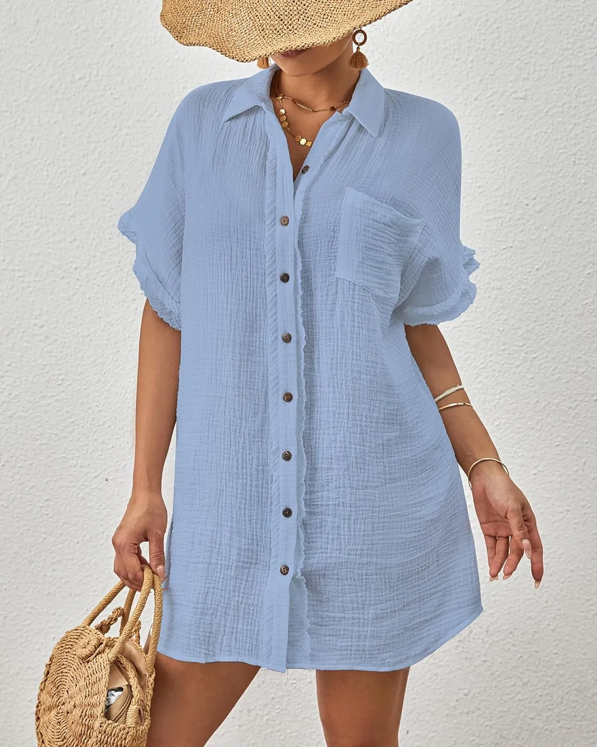 Bsubseach Women Swimsuit Coverup Button Down Bathing Suit Cover Ups for Swimwear Short Sleeve Bikini Beach Shirt