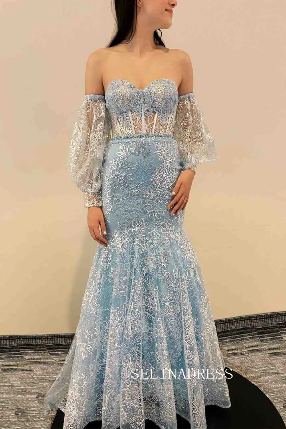 Chic Mermaid Sweetheart Light Sky Blue Long Prom Dresses Lace Formal Gowns JKSS02