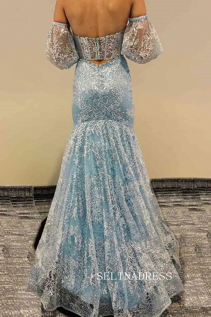 Chic Mermaid Sweetheart Light Sky Blue Long Prom Dresses Lace Formal Gowns JKSS02