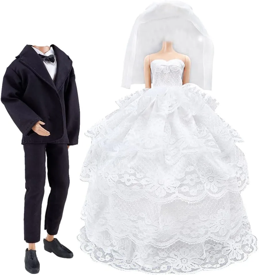 E-TING Wedding Set Beautiful Gown White Bride Dress Clothes with Veil and Groom Business Suit Outfit for DollsDoll Not Included