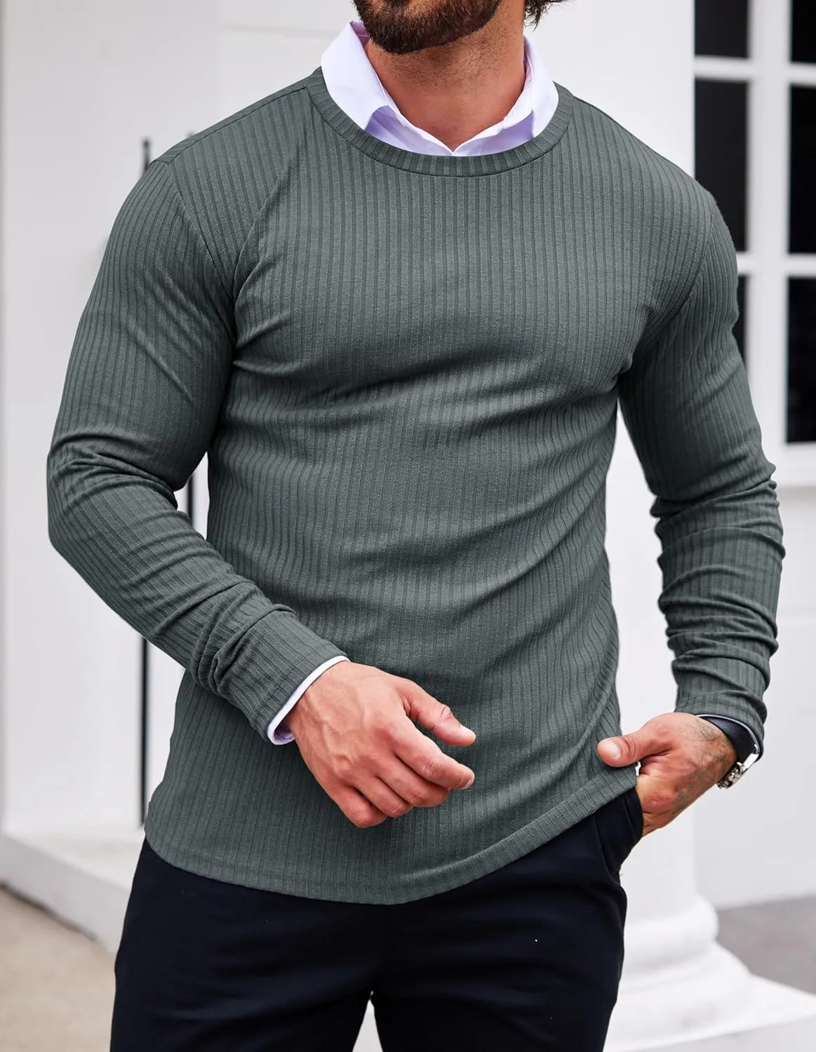 Ekouaer Men's Long Sleeve Shirts Ribbed Pullover Sweater Sim Fit Thermal Tops Crew Neck Stretchy Undershirts S-XXL