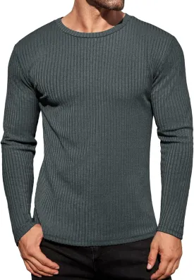 Ekouaer Men's Long Sleeve Shirts Ribbed Pullover Sweater Sim Fit Thermal Tops Crew Neck Stretchy Undershirts S-XXL