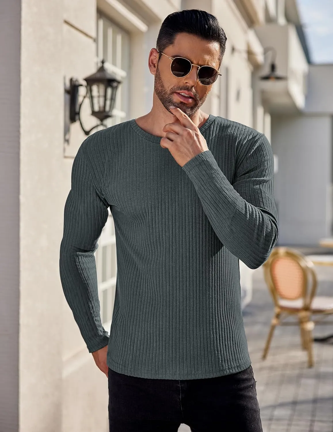 Ekouaer Men's Long Sleeve Shirts Ribbed Pullover Sweater Sim Fit Thermal Tops Crew Neck Stretchy Undershirts S-XXL