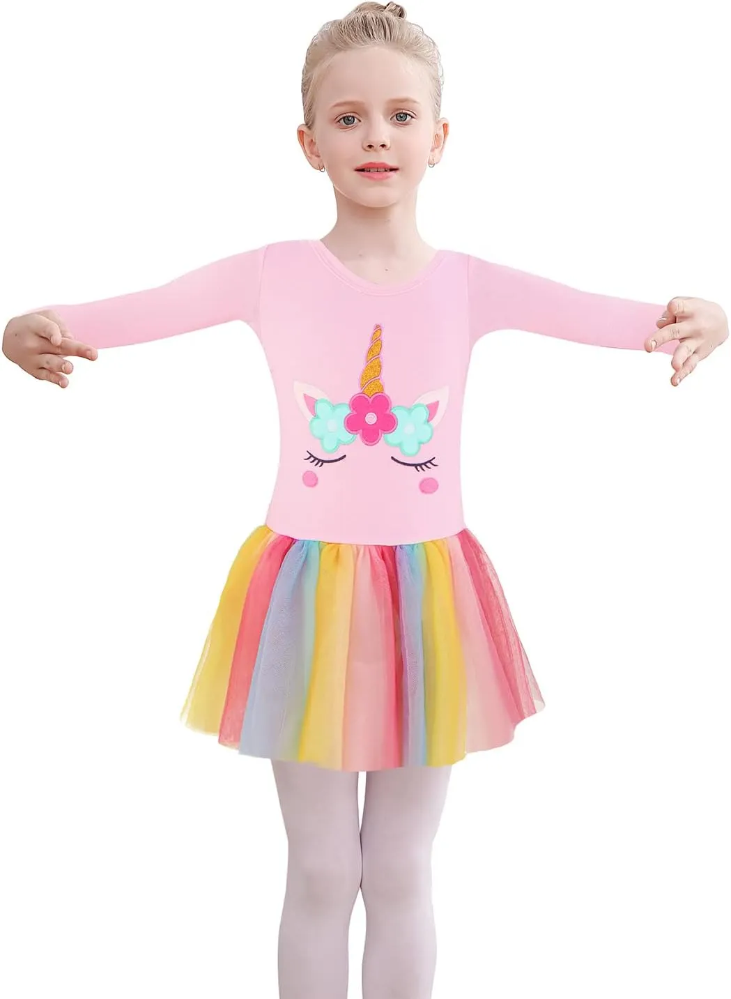 EQSJIU Long Sleeve Leotard for Girls Leotards Dance Ballet Dress Kids Dance Dress with 3 layers Sparkle Tutu