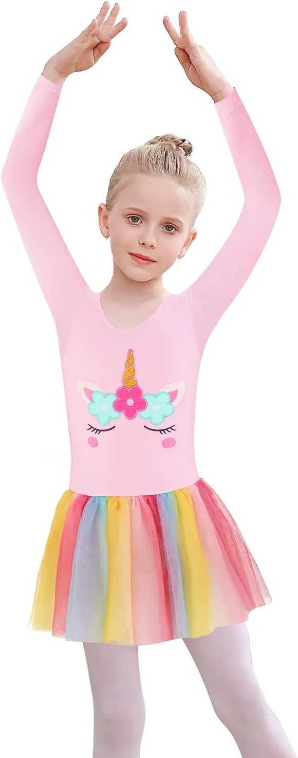 EQSJIU Long Sleeve Leotard for Girls Leotards Dance Ballet Dress Kids Dance Dress with 3 layers Sparkle Tutu