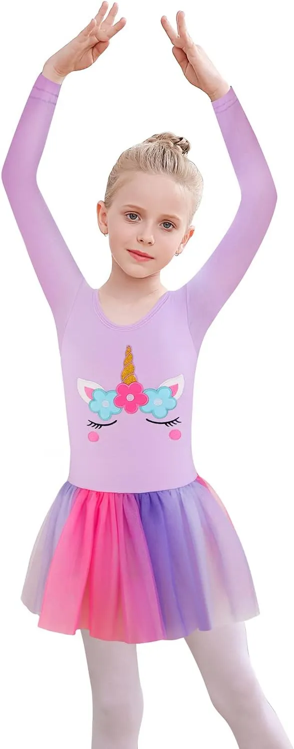 EQSJIU Long Sleeve Leotard for Girls Leotards Dance Ballet Dress Kids Dance Dress with 3 layers Sparkle Tutu