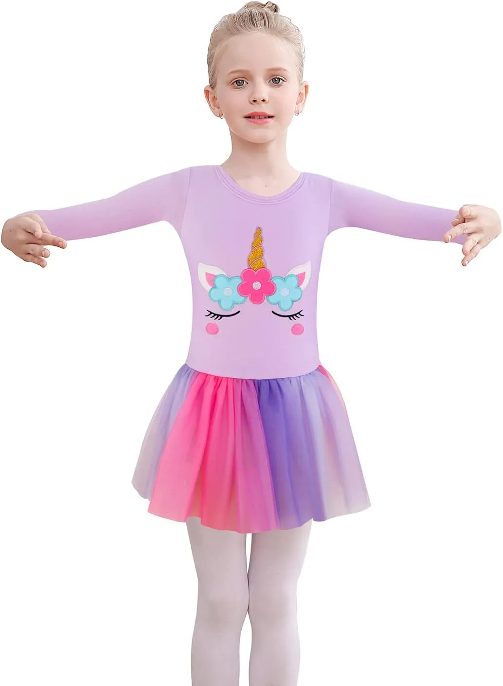 EQSJIU Long Sleeve Leotard for Girls Leotards Dance Ballet Dress Kids Dance Dress with 3 layers Sparkle Tutu
