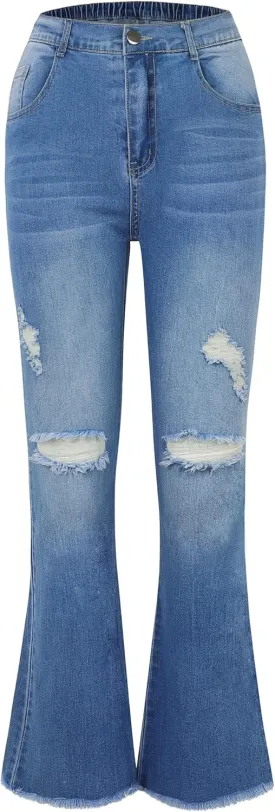 EXARUS Girls Jeans Pants Wide Leg/Flare/Skinny Denim Pant Ripped High Waist Elastic Band Casual with Pockets Kids 6-14Y