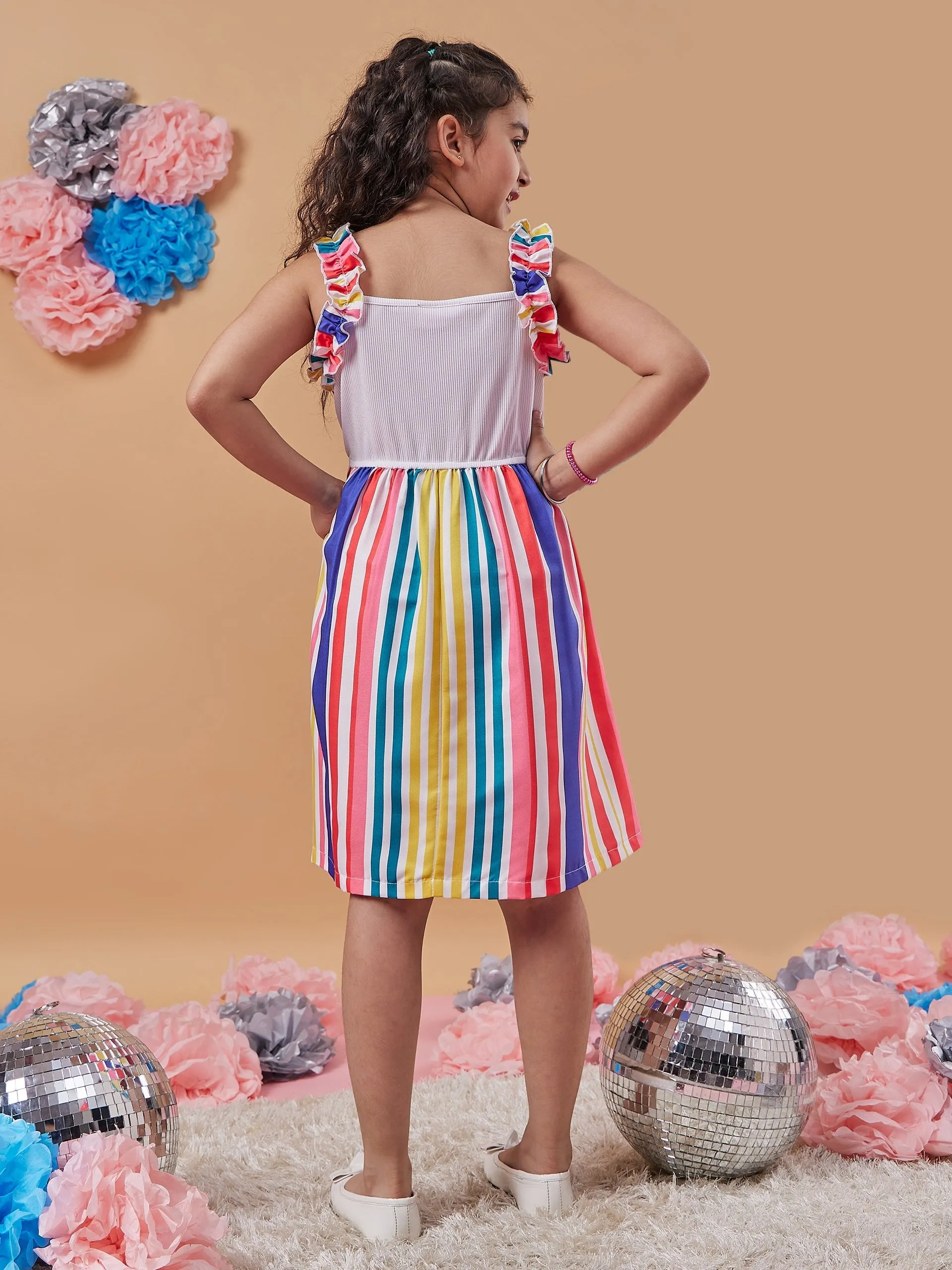 Girls Striped Shoulder Straps Fit Flare Dress