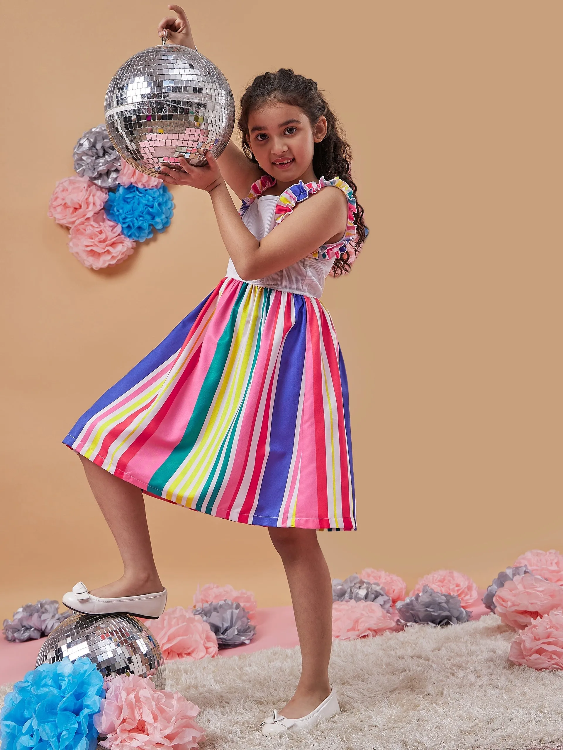 Girls Striped Shoulder Straps Fit Flare Dress