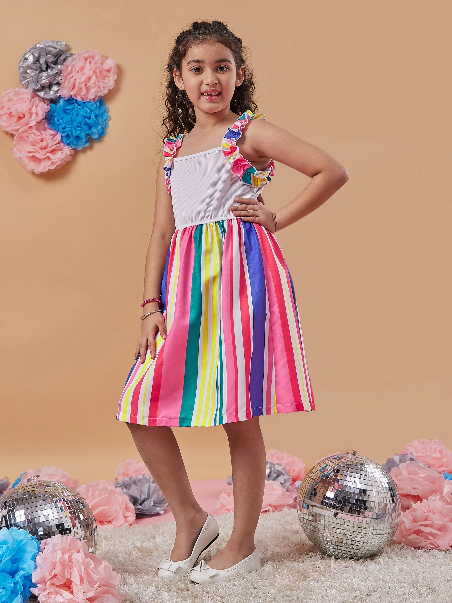 Girls Striped Shoulder Straps Fit Flare Dress
