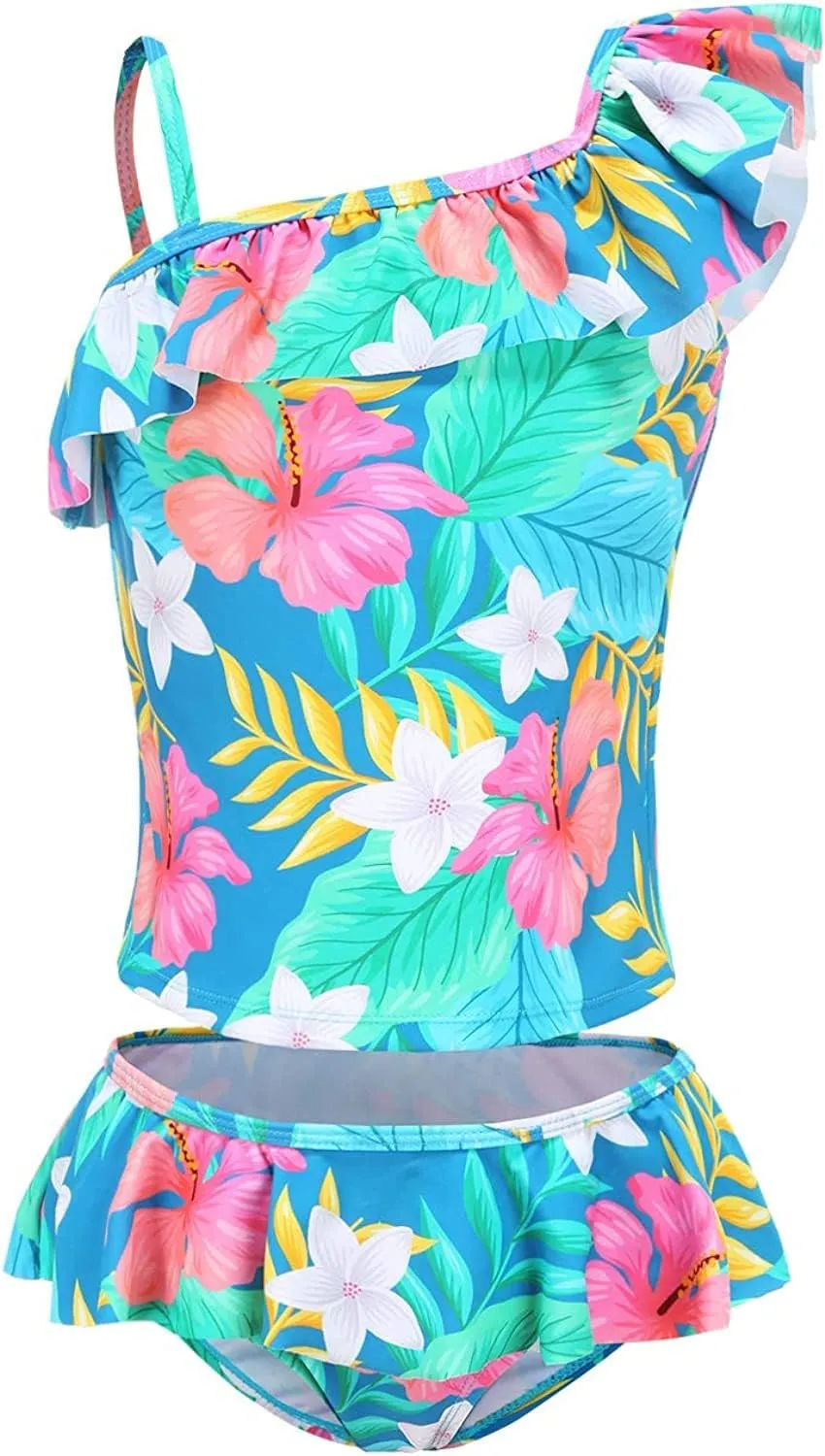Girls Two Piece Tankini Swimsuit Hawaiian Ruffle Swimwear Bathing Suit Set