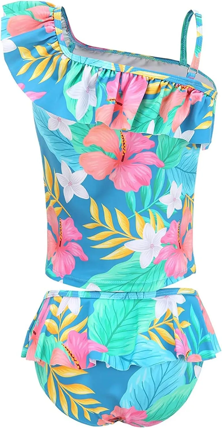 Girls Two Piece Tankini Swimsuit Hawaiian Ruffle Swimwear Bathing Suit Set