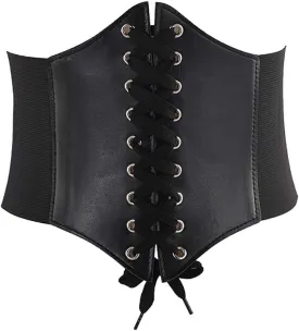 GSHLLO PU Leather Wide Elastic Waist Belt Lace up Tied Corset Stretchy Cinch Belt Waist Band for Women Black