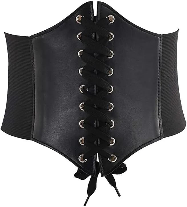 GSHLLO PU Leather Wide Elastic Waist Belt Lace up Tied Corset Stretchy Cinch Belt Waist Band for Women Black