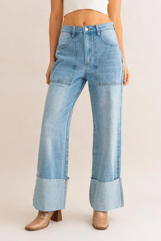 High-Waisted Wide Leg Cuffed Jeans *Online Only*