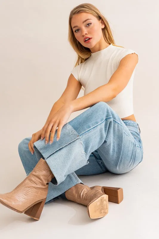 High-Waisted Wide Leg Cuffed Jeans *Online Only*