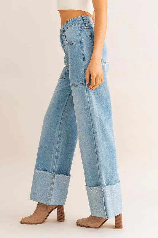 High-Waisted Wide Leg Cuffed Jeans *Online Only*