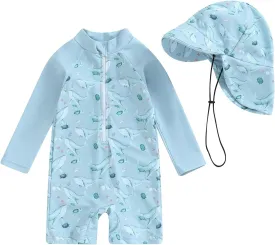 Infant Baby Girls Boys Swimsuit Zipper Rash Guard Toddler One Piece Swimwear Newborn Bathing Suit with Hat