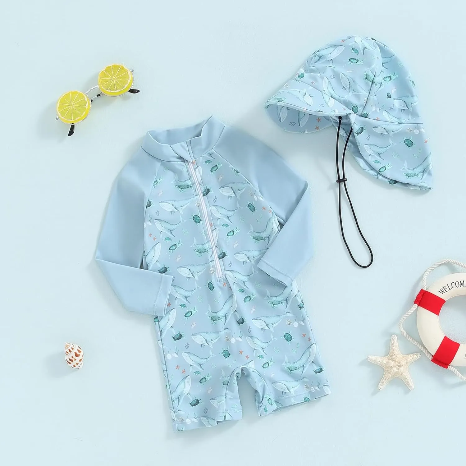 Infant Baby Girls Boys Swimsuit Zipper Rash Guard Toddler One Piece Swimwear Newborn Bathing Suit with Hat