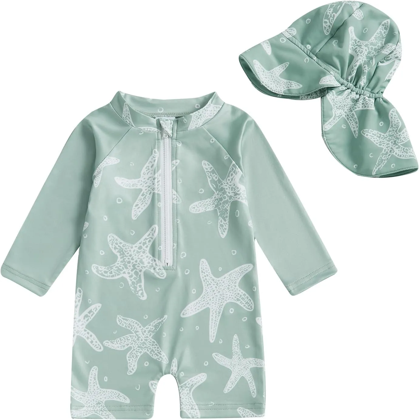 Infant Baby Girls Boys Swimsuit Zipper Rash Guard Toddler One Piece Swimwear Newborn Bathing Suit with Hat