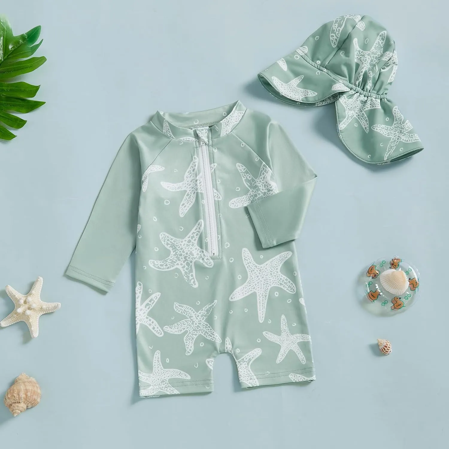 Infant Baby Girls Boys Swimsuit Zipper Rash Guard Toddler One Piece Swimwear Newborn Bathing Suit with Hat