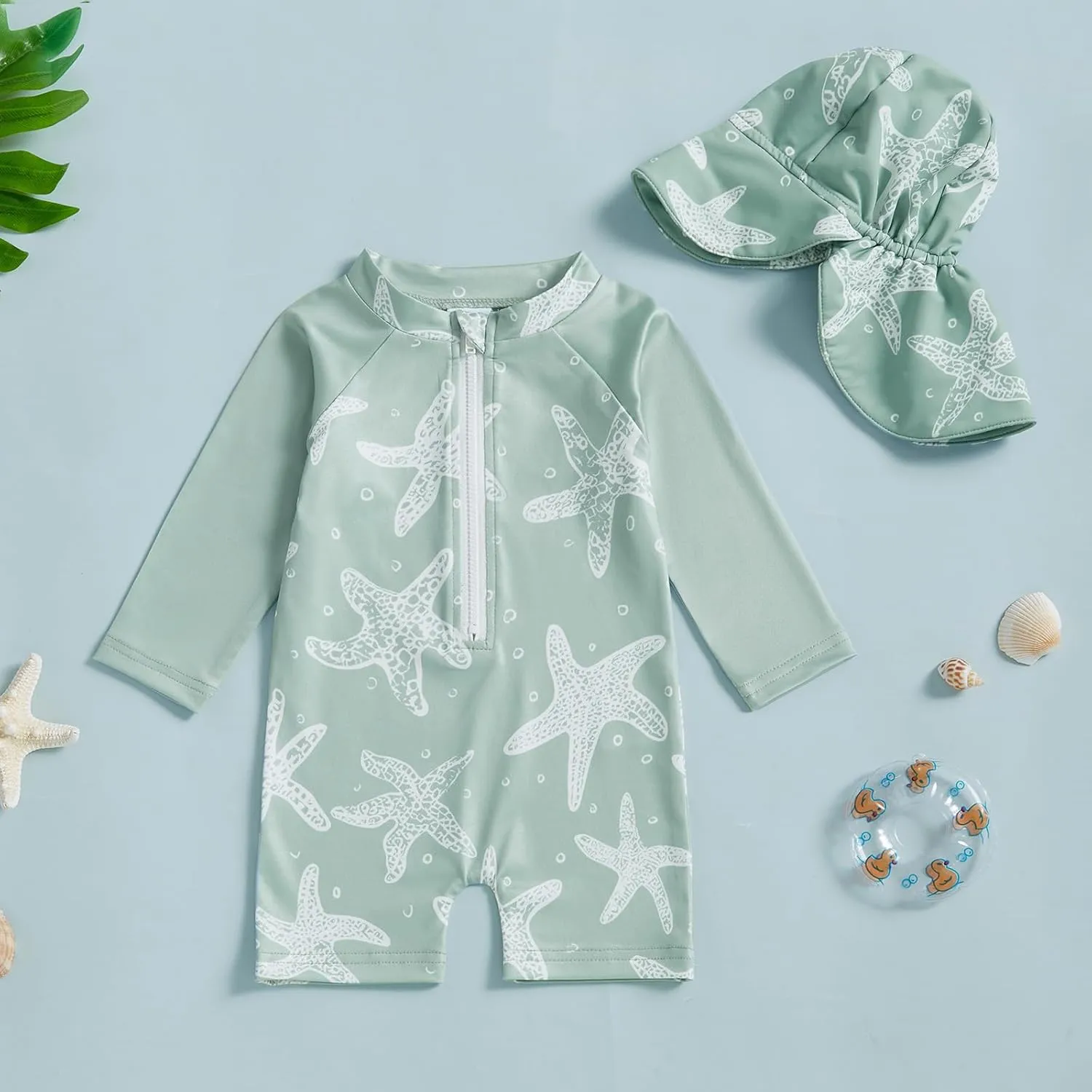 Infant Baby Girls Boys Swimsuit Zipper Rash Guard Toddler One Piece Swimwear Newborn Bathing Suit with Hat