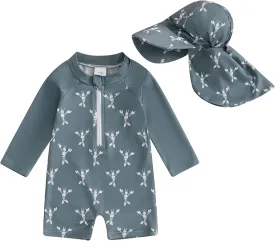Infant Baby Girls Boys Swimsuit Zipper Rash Guard Toddler One Piece Swimwear Newborn Bathing Suit with Hat