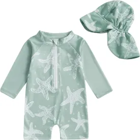 Infant Baby Girls Boys Swimsuit Zipper Rash Guard Toddler One Piece Swimwear Newborn Bathing Suit with Hat