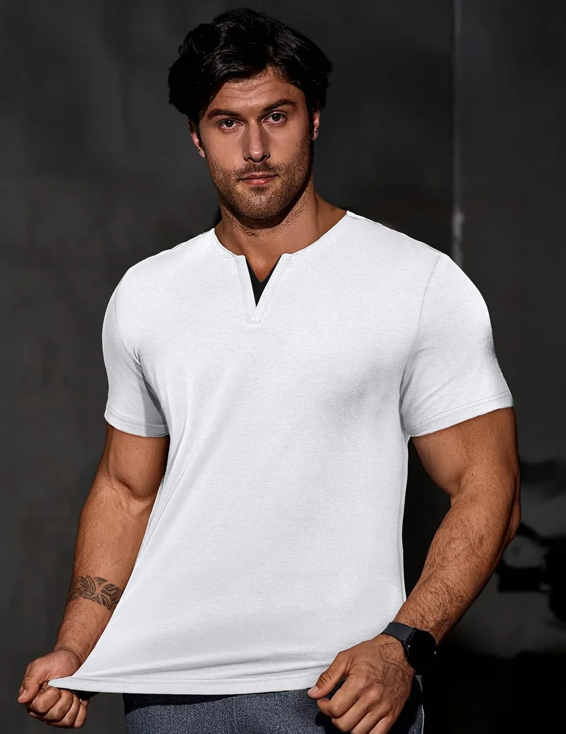 JMIERR Mens Muscle Slim T Shirts Summer V Neck Gym Shirt Casual Cotton Workout Athletic Longline Tees