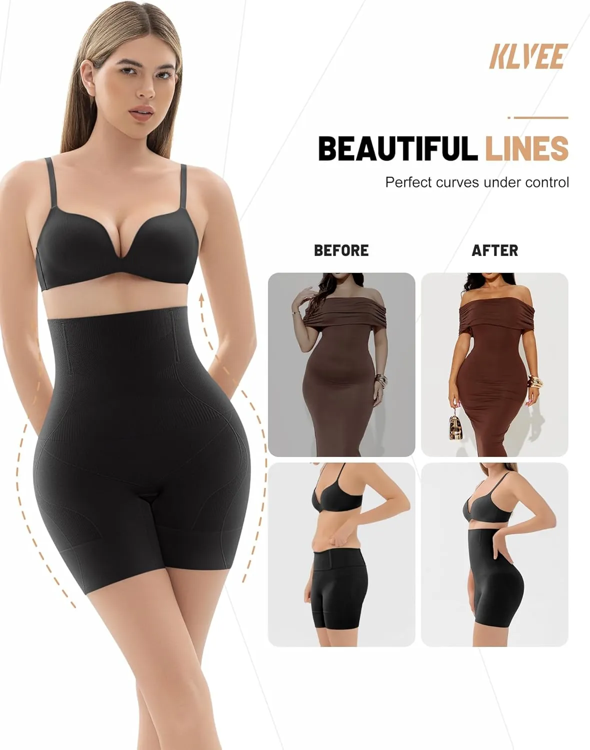 KLVEE Shapewear for Women Tummy Control, High Waisted Body Shaper Shorts Butt Lifting Thigh Slimmer Shapewear Under Dress